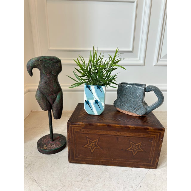 Vintage Signed Glazed Terracotta Handled Vessel in Blue/GrayGlaze For Sale - Image 9 of 11