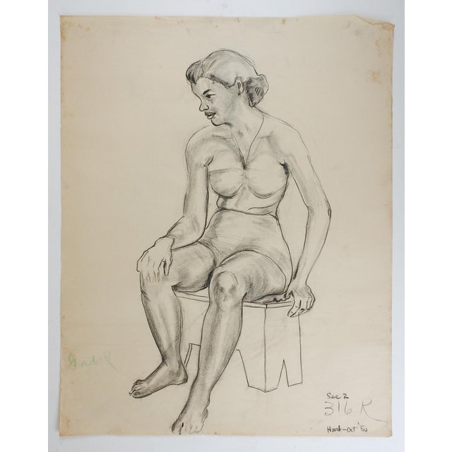 Vintage 1950 charcoal on paper portrait drawing of woman by Geneva Flores Hart (1906-2008) Texas. Signed and dated lower...