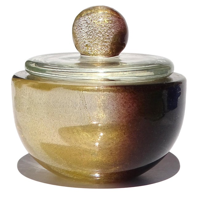 Beautiful vintage Murano hand blown dark amethyst and gold flecks Italian art glass decorative vanity jewelry box / lidded...