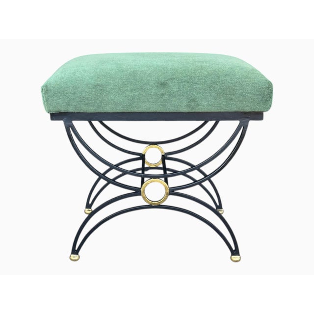 Metal 1980s Hand-Forged Sculptural Wrought Iron Accent Benches in Dark Green Mohair- A Pair For Sale - Image 7 of 13