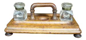 Antique Early 20th Century Edwardian Walnut Double Inkwell Handled Footed Writing Desktop Caddy - 3 Pieces