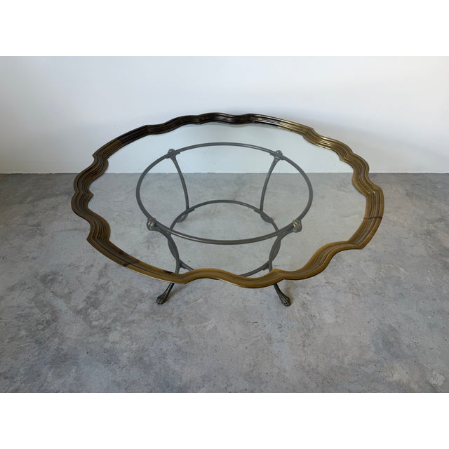 Vintage Hollywood Regency Style Scalloped Brass Frame With Glass Top Coffee Table For Sale - Image 4 of 18
