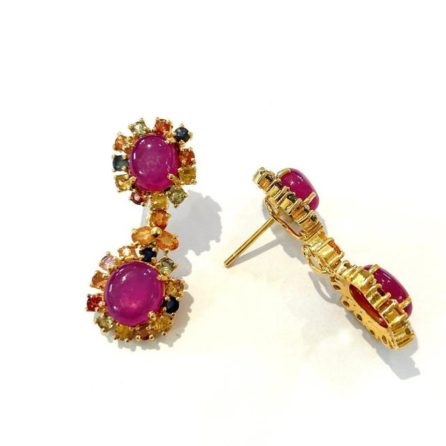 Bochic "Orient" Vintage Ruby & Multi Sapphire Earrings Set In 18K Gold & Silver Natural Ruby Oval Shapes - 17 Carats Multi...