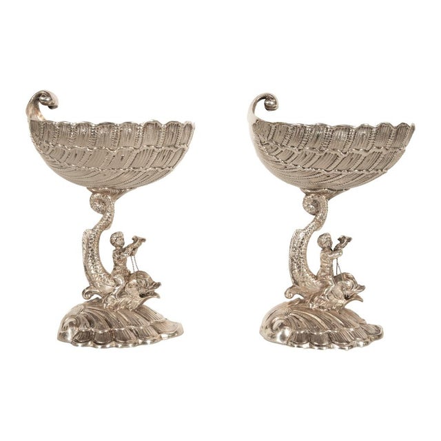 Antique Pair German Silver Master Salts Grotto Shells Putti Dolphins Hannau 1890 For Sale - Image 13 of 17