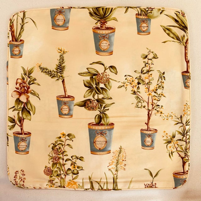 English Hand-Printed European Fabricut Vervain Botanique Green Rusty-Red Turquoise Yellow Botanical Potted Floral Pillow Covers- 24" Pair For Sale - Image 3 of 9