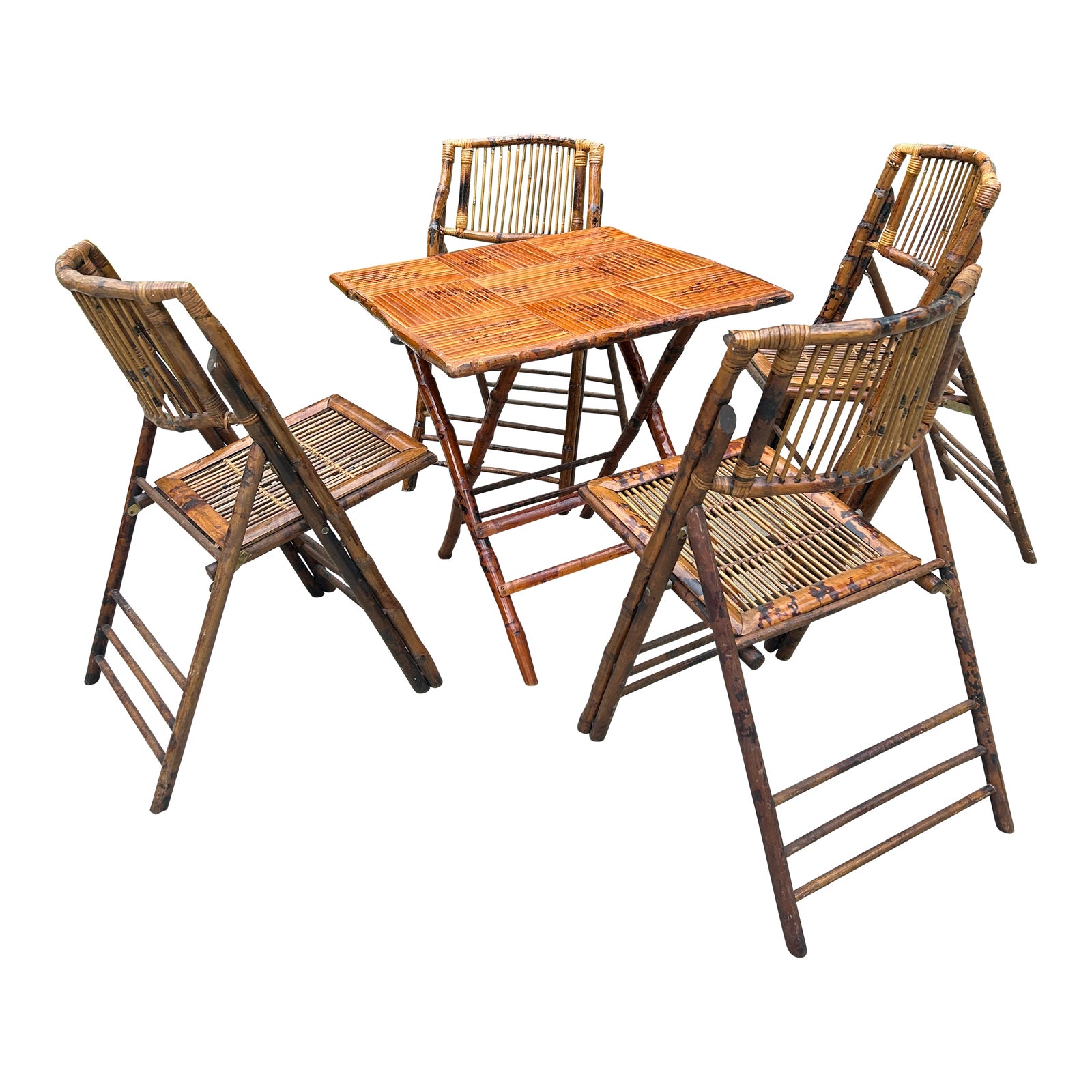 Vintage 1980s Burnt Bamboo Folding Table and Set of Four Folding Chairs