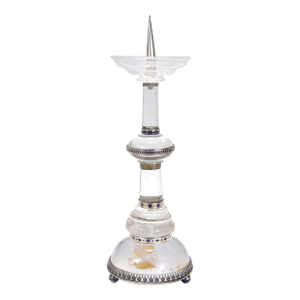 Antique Austrian Rock Crystal, Silver, and Blue Enamel Pricket Candlestick