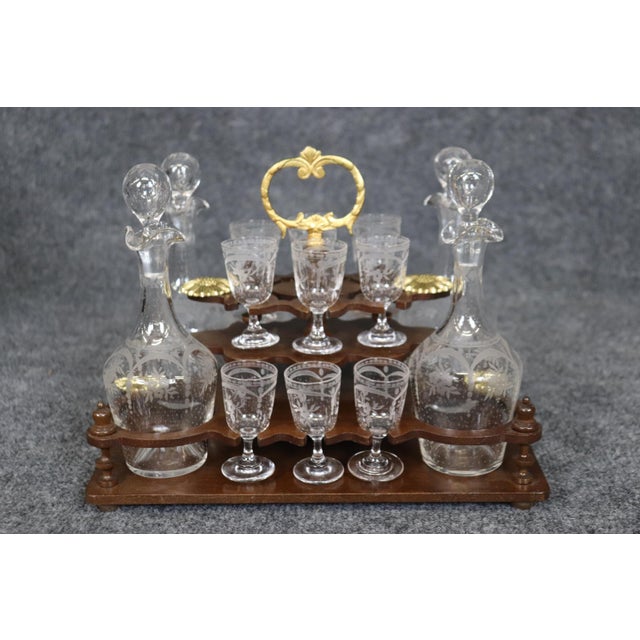 Rare Walnut Case French Etched Glass 18-piece decanter and Cordial Tantalus Set - 18 Pieces For Sale - Image 9 of 11