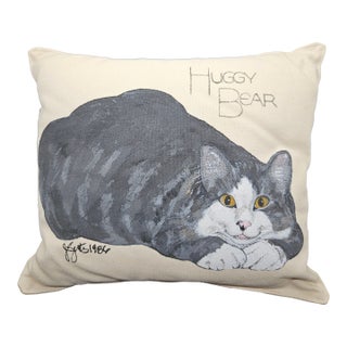 Vintage Handpainted Cat Portrait Pillow, Signed For Sale