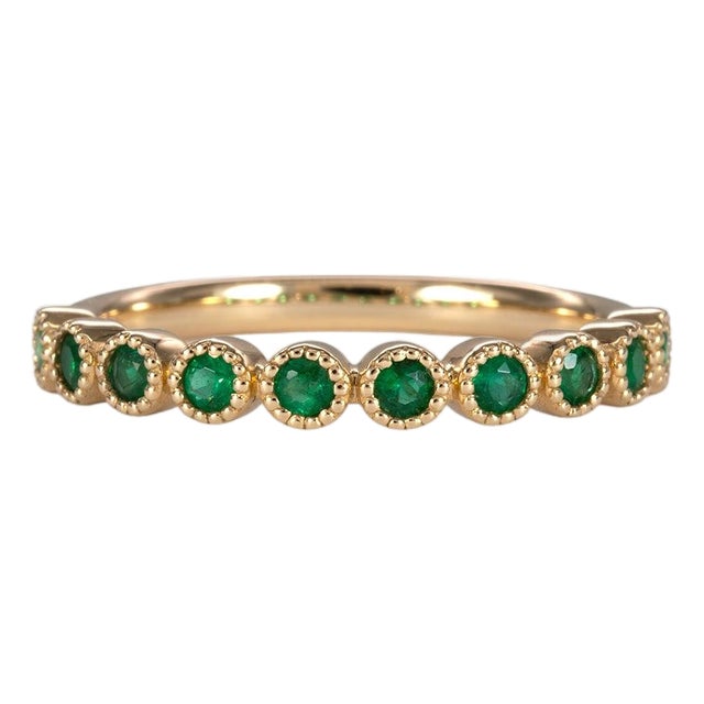 Zambian Emerald Band in Solid 14k Gold – Round Accents – A Timeless Jewelry, Size 6.75 For Sale