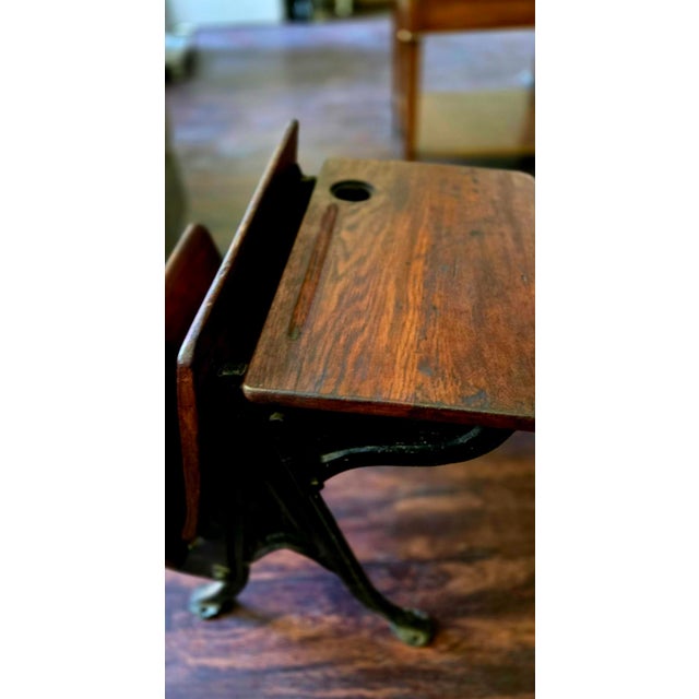 1900 - 1909 Antique Cast Iron & Wood School Desk With Attached Chair + Inkwell For Sale - Image 5 of 10