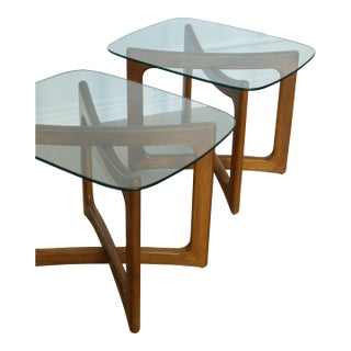 Attributed to Adrian Pearsall Walnut & Glass Top Side Tables, Pair, 1970s For Sale