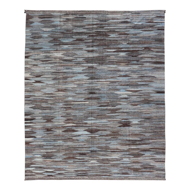 Modern Flatweave Kilim in Wool With Sub-Geometric Diamond Design in Blue and Charcoal For Sale