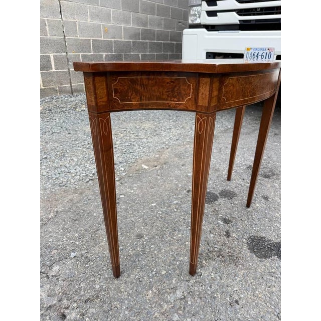 Vintage Hepplewhite Style Mahogany and Burled Wood Inlaid Console Table For Sale - Image 9 of 17