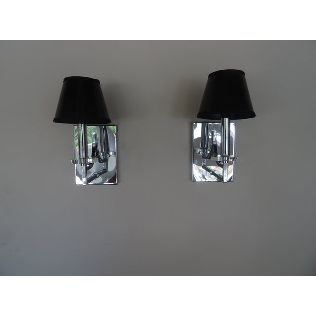 Modern Chrome Glass Wall Sconces with Black Shades. 5 Sconces Available. From a LA Penthouse