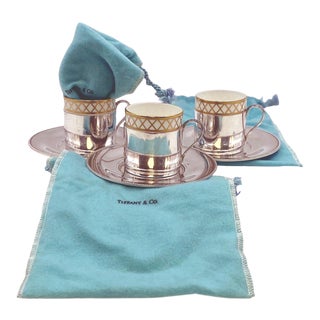 Tiffany & Co. Sterling Silver Coffee Cups with Saucers and China Insert - Set of 3 For Sale