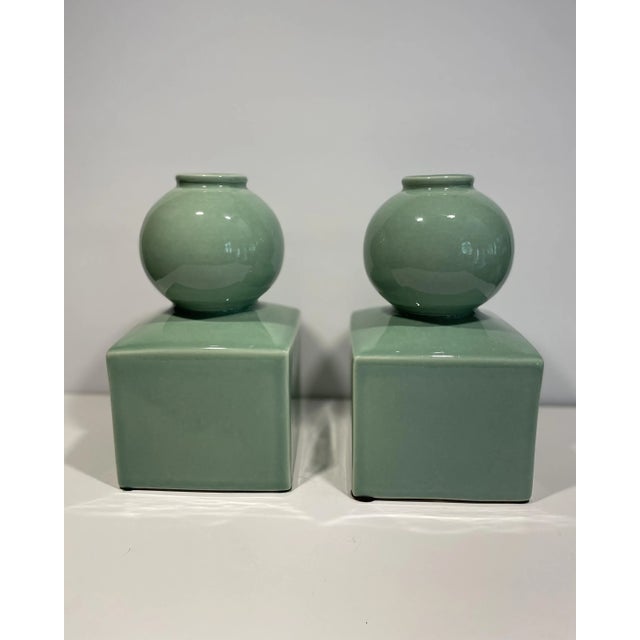 Celedon Ceramic Vases or Bookends in the Style of Serena & Lily - a Pair For Sale In Austin - Image 6 of 11