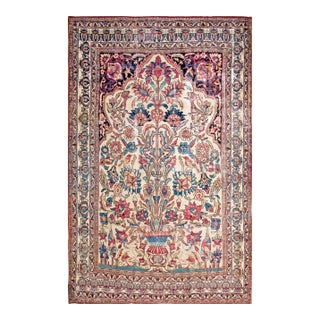 1890s Ivory Medallion Traditional Antique Antique Kerman Lavar Rug 7'9" X 11'9 Handknotted Wool Carpet For Sale