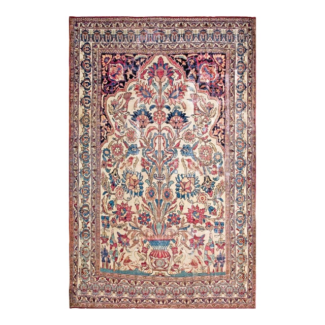 1890s Ivory Medallion Traditional Antique Antique Kerman Lavar Rug 7'9" X 11'9 Handknotted Wool Carpet For Sale