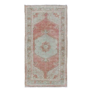 Vintage Turkish Oushak Medallion Rug in Soft Coral, Mint Green, and Beige Tones For Sale