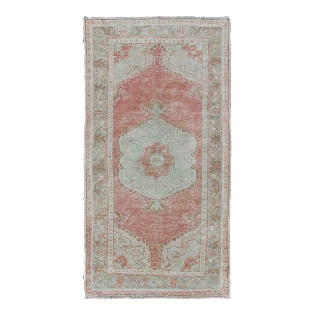 Vintage Turkish Oushak Medallion Rug in Soft Coral, Mint Green, and Beige Tones For Sale