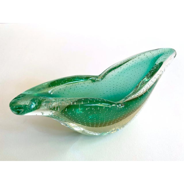 Barovier & Toso Barovier & Toso Mid Century Modernist Murano Art Glass Pistachio Green Gold Leaf Fleck Bullicante Winged Crescent Sommerso Bowl Vase For Sale - Image 4 of 13