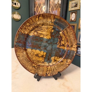 Vintage Frères Cloutier French Studio Art Pottery Charger Plate - Mid Century Modern 11" Abstract Lava Woodgrain Glaze, Signed Cloutier C. 1970 For Sale