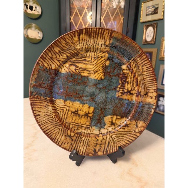 Vintage Frères Cloutier French Studio Art Pottery Charger Plate - Mid Century Modern 11" Abstract Lava Woodgrain Glaze, Signed Cloutier C. 1970 For Sale