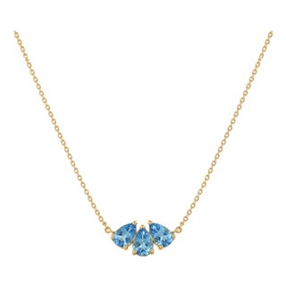 Swiss Blue Topaz Cluster Necklace | Dainty Pear Cut Gemstone Chain Link Necklace | December Birthstone Jewelry For Sale