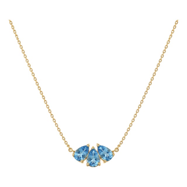 Swiss Blue Topaz Cluster Necklace | Dainty Pear Cut Gemstone Chain Link Necklace | December Birthstone Jewelry For Sale