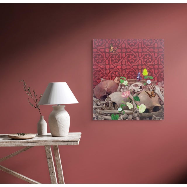 This artwork presents a striking juxtaposition of life and death, featuring intricately detailed skulls and bones...