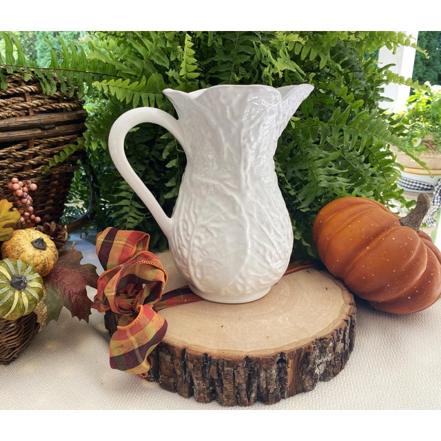 White 1980's Water Pitcher: White Majolica Cabbage Leaf Design Made in Portugal for Neuwirth, 8.5" HIgh For Sale - Image 8 of 14