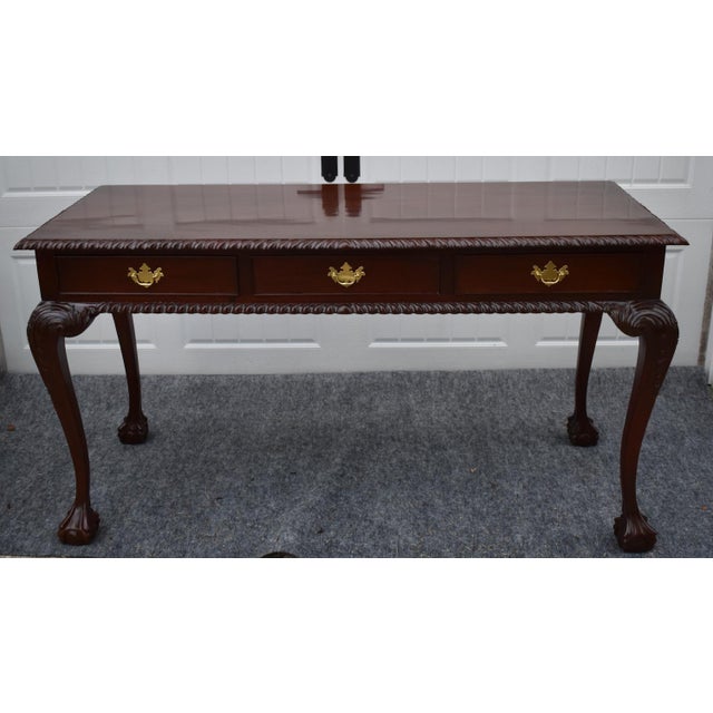 Wood Chippendale Mahogany Writing Console Table Vintage 3 Drawer Ball Claw Foot Sofa For Sale - Image 7 of 15