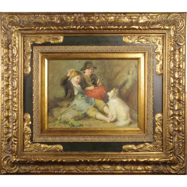 Children With Dog - Signed Oil Painting in Prunkrahmen For Sale - Image 4 of 4
