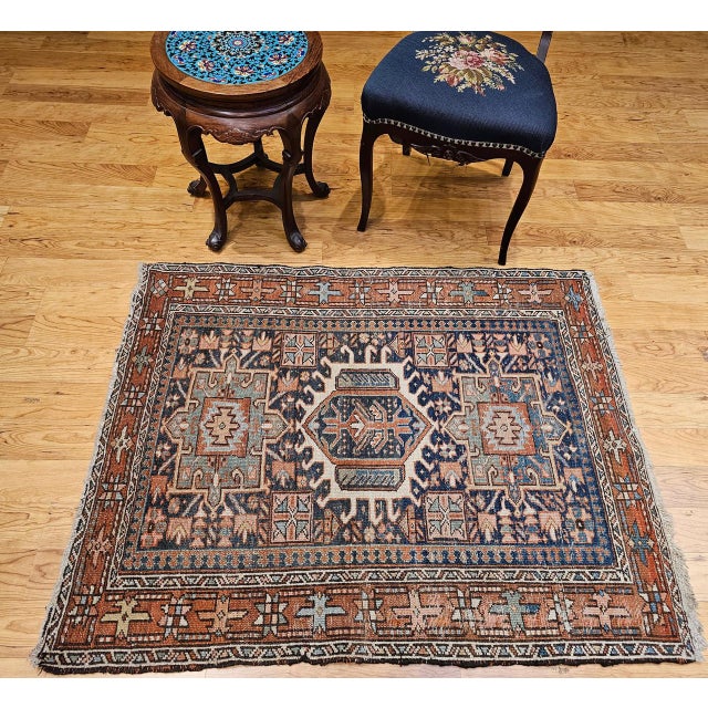 19th Century 19th Century Persian Heriz Karajeh Rug, Hand-Knotted Wool, Geometric Pattern, Blue & Green, 4x5 For Sale - Image 5 of 16