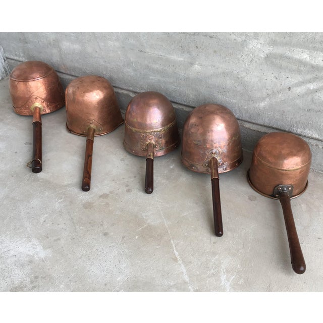 Rustic Collection of Five Antique Spanish Handmade and Forged Copper Cook Pans For Sale - Image 3 of 13
