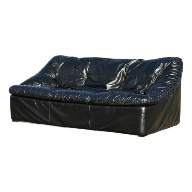 Black Leather Sofa by De Pas, D'Urbino and Lomazzi for Cinna, France, 1980s For Sale
