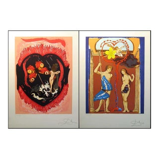 1977 Salvador Dali "Triomphe De L'Amour" Set of 2 Surrealist Lithographs Hand Signed For Sale
