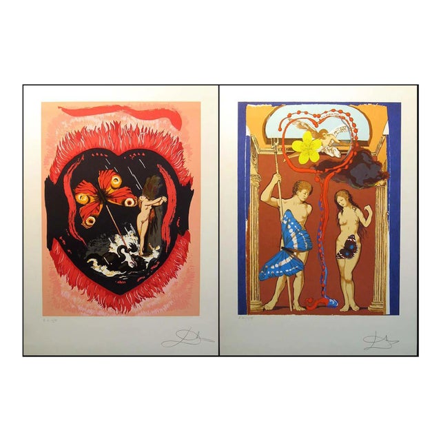 1977 Salvador Dali "Triomphe De L'Amour" Set of 2 Surrealist Lithographs Hand Signed For Sale