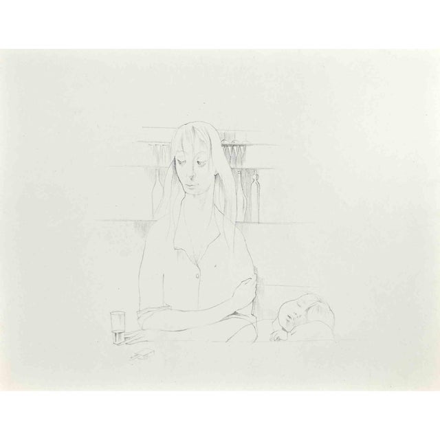 Mother and child is an artwork realized by Buscot, dim-20th century. Pencil drawing, 27 x 21 cm. Handsigned on the back....