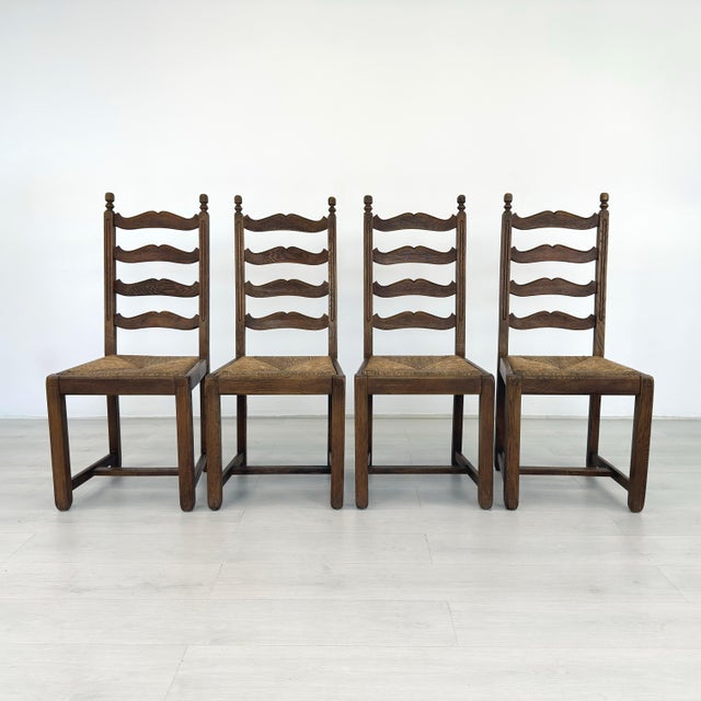 Dimensions: H 41.7” x W 18” x D 19.5” x SH 19” Set of 4 Vintage French Farmhouse high back dining chairs with carved oak...