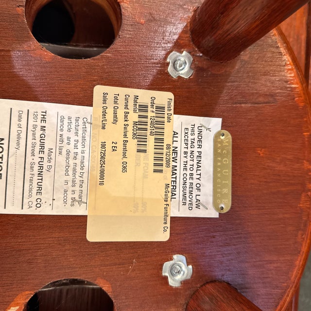 McGuire Furniture Curved Back Swivel Bar Stools, Pair For Sale - Image 11 of 12