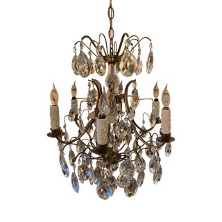 1920s French Six Arm Crystal and Brass Candlestick Chandelier For Sale