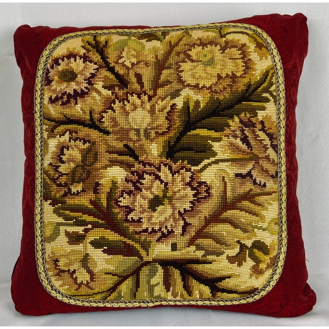 Pair of Antique Hand Stitched Exotic Floral Needlepoint Cushions/Pillows-Red Damask Backing For Sale - Image 4 of 10