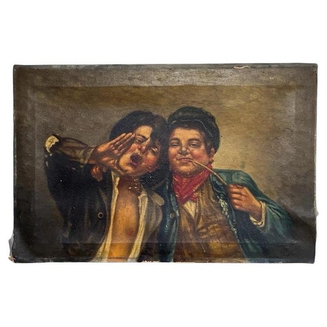 Gold Italian School, Naïve Italian of Two Pipe-Smoking Boys, 20th Century, Oil on Canvas For Sale - Image 8 of 8