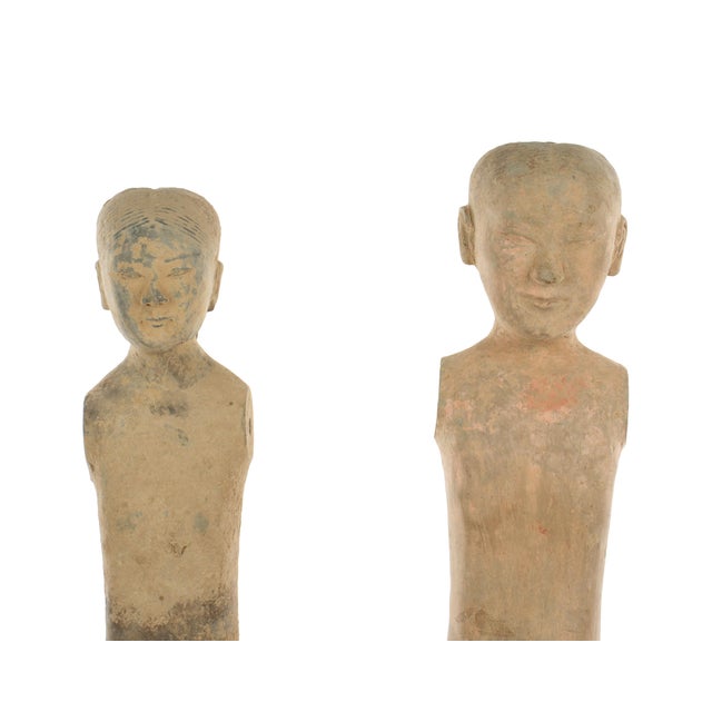 Two Chinese Han Dynasty Tall Slender Terracotta Stick Man Figures For Sale - Image 4 of 8