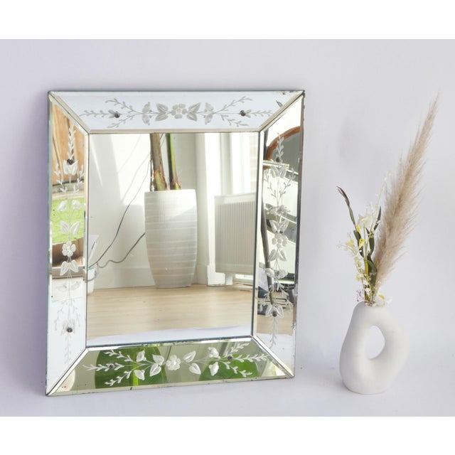 Glass Venetian Rectangular Wall Mirror with Cut Glass and Ornate Floral Frame, Italy, 1960s For Sale - Image 7 of 9