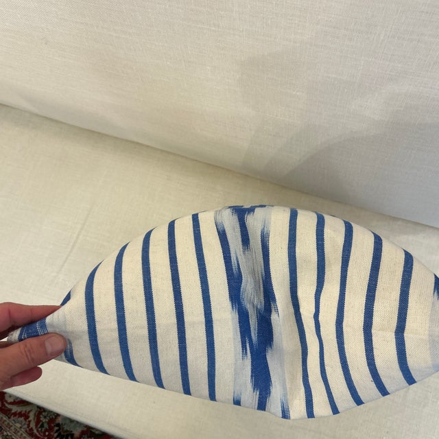 Tribal Thick Woven Canvas Pillow With Blue Hand Dyed Ikat Design and New Feather Down Insert For Sale - Image 3 of 6