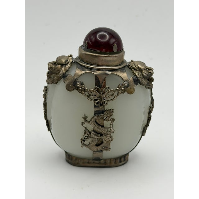 Opaline Glass Snuff Bottle Embellished With Silver Tone Dragons and Lions For Sale - Image 4 of 17