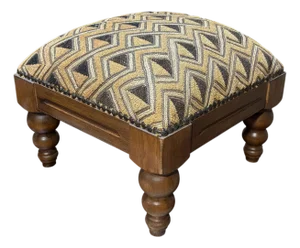 Square Wooden Footstool W/ Vintage African Kuba Cloth Textile 12.5" H